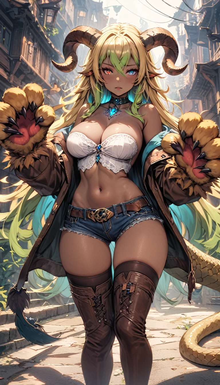 (masterpiece), (best quality:1.4), (perfect anatomy:1.4), high quality, expressive eyes, full body, tall girl, detailed face, beautiful face, perfect face, detailed ((blonde hair)), (green hair), {{pale skin}}, ({pale skinned female}), chimera, large breasts, thick thighs, very long hair, bare shoulders, denim, (short shorts), dynamic lighting, high resolution, 4k resolution, dynamic pose, silver jewelry, {fantasy background}, choker, animal ears, (lion ears), {{snake head tail}}, snake tail, (tail), ((multicolored hair)), thigh-highs, horns, goat horns, dragon horns, curvy, ((monster girl)), heterochromia, red eyes, icy blue eyes, feathered wings, claws, thigh gap, white shirt, brown leather jacket, cowboy hat, midriff, animal hands,
