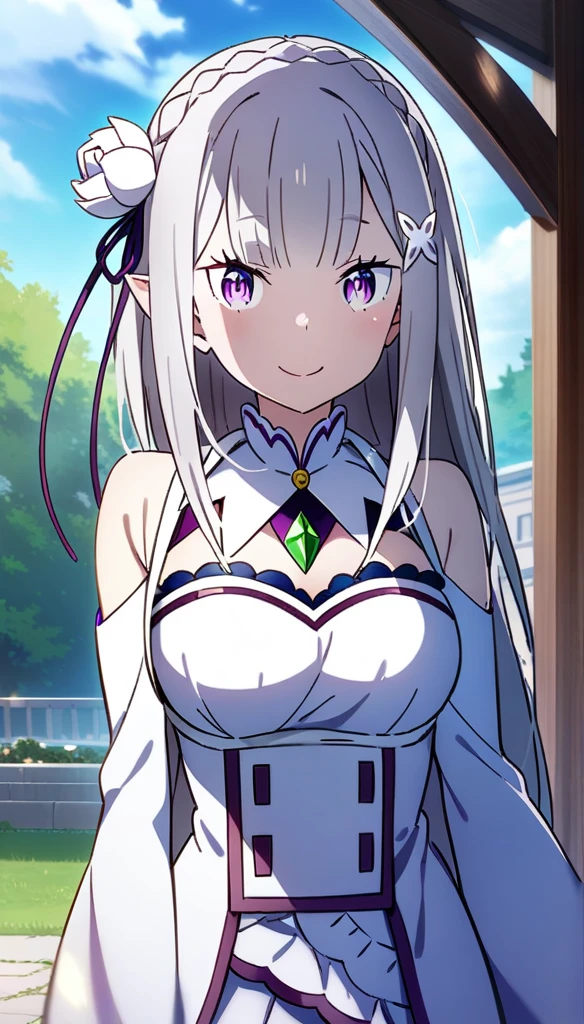 1girl, emilia \(re:zero\)), re:zero kara hajimeru isekai seikatsu, large , masterpiece, best quality, very aesthetic, absurdres, key visual, highly detailed, looking at viewer, zettairyouiki, smile, outdoors