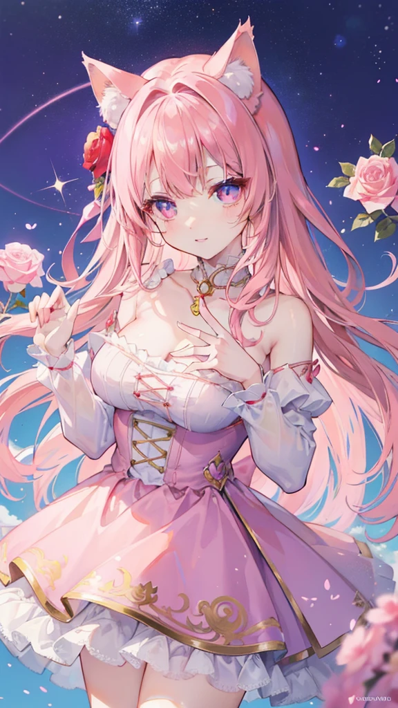 On the table, high resolution, 8k, Anime woman, Fox ears,Handcuffs,Collar,Delicate and meticulous writing 、Detailed digital illustration、The hair is long and shiny、Bangs、A very beautiful woman、eyes are eyes, Large target, Bust size is D cup、High image quality, high quality、Detailed background、(((穿著Idol的衣服)))、((colorful garden、Very beautiful background with clouds and rainbow in the sky))、(The inside of the eye sparkles like a diamond、Light pink hair、Gradient pupils、(((2 arms、4 fingers, 1 thumb)))、detailed feminine face、Very beautiful and lovely woman、、Detailed background、masterpiece、Soft Focus , Bright gradient watercolor , lens flare , (((flash))) , glow , dream ,Idol、pink ribbon、Very beautiful red rose hair ornament、Pink and Gold Outfit、White is the main garment、((All smiles))、((Macro of the eyes))、(((Cat ears、cat costume)))、((Cross your hands behind you)))、((Holding a cat)),