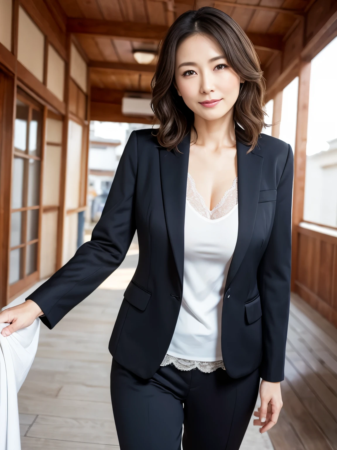 50-year-old woman、Japanese、Classy sex appeal、sexy、Transparent skin、Perfect Lighting、Beauty、Radiant Skin、Transparent beauty、8K High Resolution、Beauty in natural light、High resolution、Photorealistic、Fair skin、Masterpiece、Moist eyes、Saggy udder、Gravure quality、smile、Building district、office lady、Wearing a business suit、walking、pants suit、Lace Lingerie