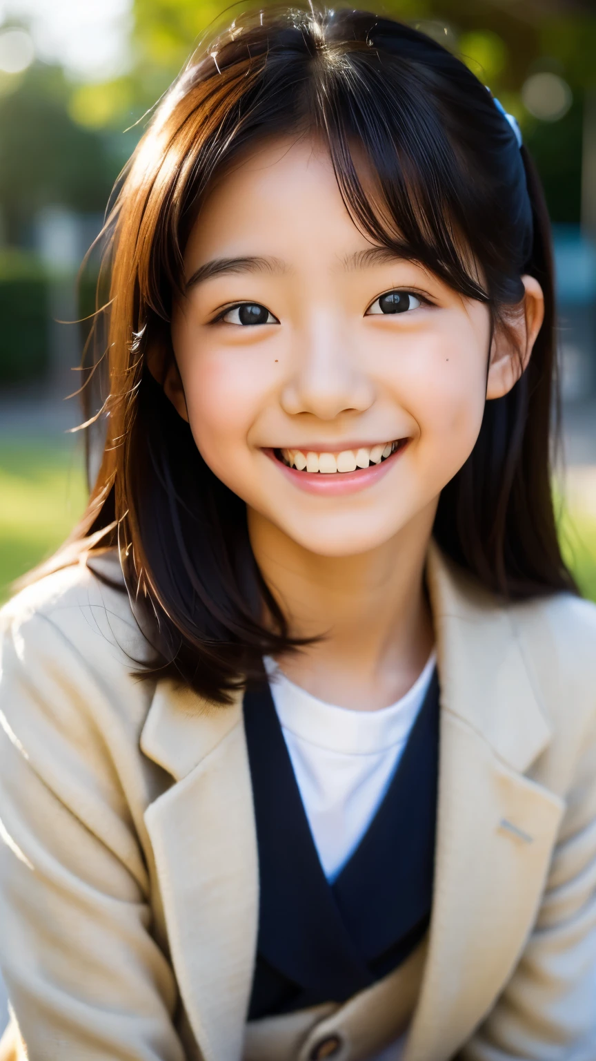 lens: 135mm f1.8, (highest quality),(RAW Photos), (Tabletop:1.1), (Beautiful 12 year old Japan girl), Cute face, (Deeply chiseled face:0.7), (freckles:0.4), dappled sunlight, Dramatic lighting, (Japanese School Uniform), (On campus), shy, (Close-up shot:1.2), (smile),, (Sparkling eyes)、(sunlight)