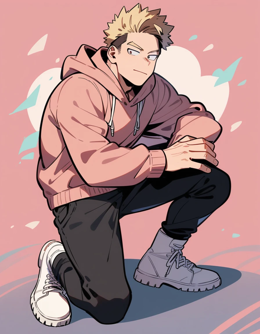 One boy, male focus, brown and blond hair, boku no hero academia, masterpiece, best quality, very aesthetic, pink hoodie, black jeans, white boots, full body illustration, posing for a photo.