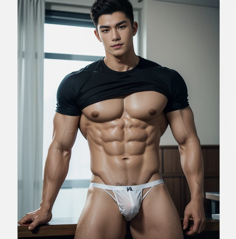 2 handsome chinese guy cuddling, romantic , manly，super realistic, tall, 20 years old，, strong sport body, sexy , detailed muscles, Inspired by Bian Shoumin, Inspired by Xiao Yuncong, yihao ren, yanjun cheng, jinyiwei, inspired by Huang Gongwang, xintong chen,  wearing no shirt and shorts, naked big chest abs , big chest abs, white transparent boxer, see through cloth, super sexy,, Gorgeous wet transparent clothes,, short sleeves, thong, g string bikini, jockstrap, skiny wear, Wearing transparent underwear, big bulge, nice bulge shape,big juicy butts,  bare butts, naked butts, long big dick masturbate, correct dick shape, open legs, Dark blue decorative clothing，yakuza male tattoo, handsome male，Highest resolution，Muscles look good，hairy body，Wheat complexion，blue eyes（thin eyes 1：3），whole body image, class room background, full  detailed background, beautyfull clear light, look at the viewer , catching eyes, smirt smile, 