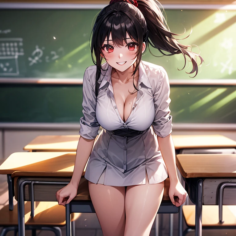 (masterpiece:1.4),, (highest quality:1.4),, Ultra-high resolution,, 8k, CG,, (Very delicate and beautiful:1.2),, , whole body,,from the front,, View your viewers,, , One Girl,, alone,, Robber Girl,, Mature Girls,, , cute, sweet, ,Blurred Background,,ponytail, ,, , 茶colorの目,, color々performance,, Red lips,, , Face blown by the wind,, Black Hair ,Big Breasts,Beautiful legs,Beautiful thighs,((Flutist)),((classroom)),((Devilish smile))
