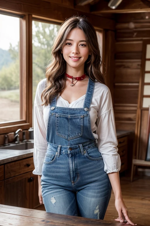 ((highest quality、8k、masterpiece:1.3))、Sharp focus, high resolution, High resolution，Western-style shirt，Red bandana around the neck，Denim jeans，Western Boots、Wavy long hair，Inside the log house，Female, 37 years old，mature，Cute Smile，Draw lips correctly, Light makeup，stand，Lean on the table，Leg length，I&#39;m a little overweight，Medium sized breasts，Full Body Shot