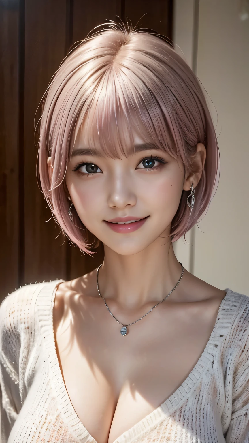 (8k, highest quality, masterpiece:1,2), (Realistic, Photorealistic:1.37), Super Detail, One Girl,), (Very detailedな), (Beautiful and detailed eyes), (highest quality), (Very detailed ), (masterpiece), (Detailed face),20-year-old, ,1 girl, ((Pink Hair,Very short hair)), Dressed, Perfect lighting,  (White sweater:1.2),  (Silver earrings:1.1), (Silver Necklace:1.1) Cut the left bangs, Pin on right ear, smile, Teeth are visible, Eyes staring at the camera, put one&#39;s right hand in one&#39;s coat pocket, Place your left hand on your hip, Put your right foot forward, The left leg is bent, Urban background, Dark colors, Contrast, Evening Light, Light from the left, Right Shadow, Coat and tights texture,head shot
