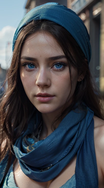 a close up of a woman wearing a blue scarf and a blue head scarf, perfect blue eyes, artwork in the style of guweiz, beautiful and realistic faces, 8 k realistic digital art, stunning digital illustration, big detailed eyes, ultra detailed face and eyes, realistically rendered eyes, hyperrealistic fantasy art, detailed realistic faces, blue piercing eyes