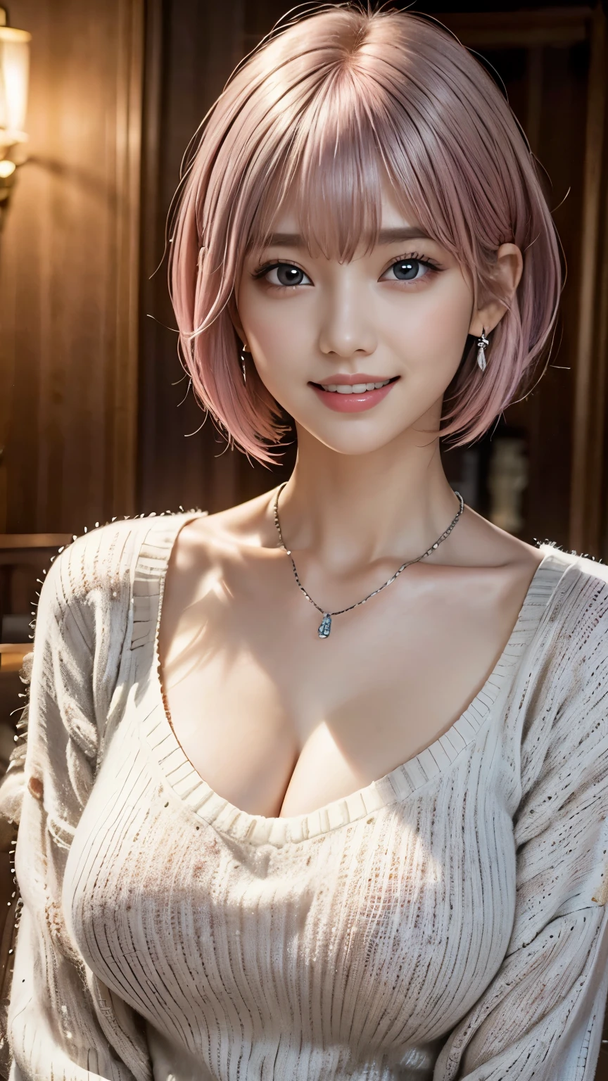 (8k, highest quality, masterpiece:1,2), (Realistic, Photorealistic:1.37), Super Detail, One Girl,), (Very detailedな), (Beautiful and detailed eyes), (highest quality), (Very detailed ), (masterpiece), (Detailed face),20-year-old, ,1 girl, ((Pink Hair,Very short hair)), Dressed, Perfect lighting,  (White sweater:1.2),  (Silver earrings:1.1), (Silver Necklace:1.1) Cut the left bangs, Pin on right ear, smile, Teeth are visible, Eyes staring at the camera, put one&#39;s right hand in one&#39;s coat pocket, Place your left hand on your hip, Put your right foot forward, The left leg is bent, Urban background, Dark colors, Contrast, Evening Light, Light from the left, Right Shadow, Coat and tights texture,head shot
