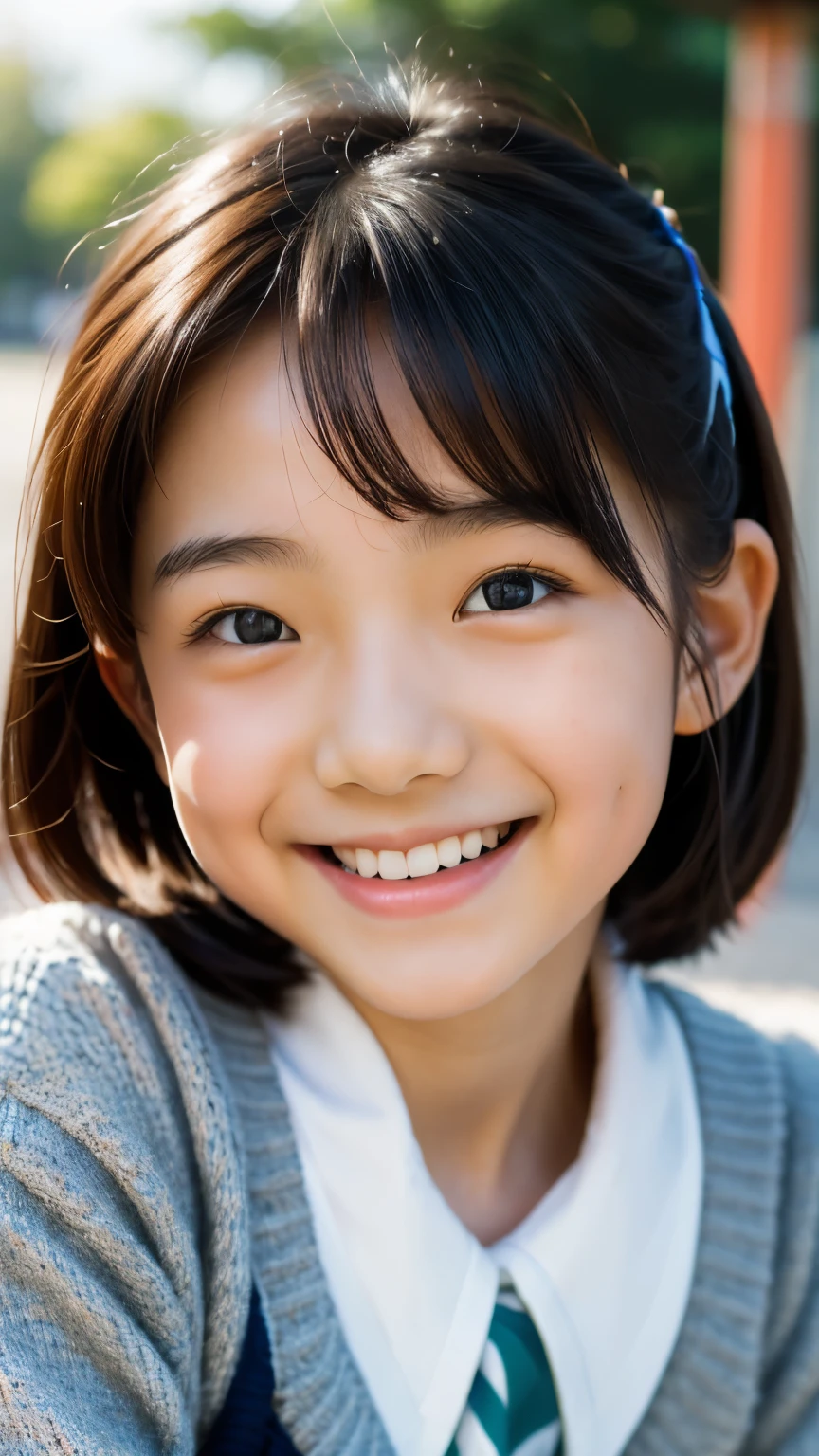 lens: 135mm f1.8, (highest quality),(RAW Photos), (Tabletop:1.1), (Beautiful  Japanese girl), Cute Face, (Deeply chiseled face:0.7), (freckles:0.4), dappled sunlight, Dramatic lighting, (Japanese School Uniform), (On campus), shy, ponytail, (Close-up shot:1.2), (smile),, (Sparkling eyes)、(sunlight),