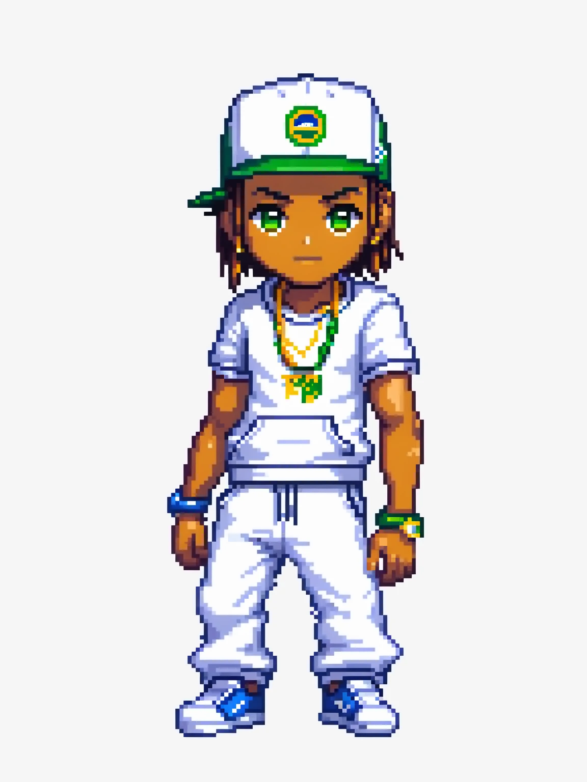 pixel art, hiphop brasil, character de jogo adulto, color white, roupa white, simple white background, game icon, 64 bit style