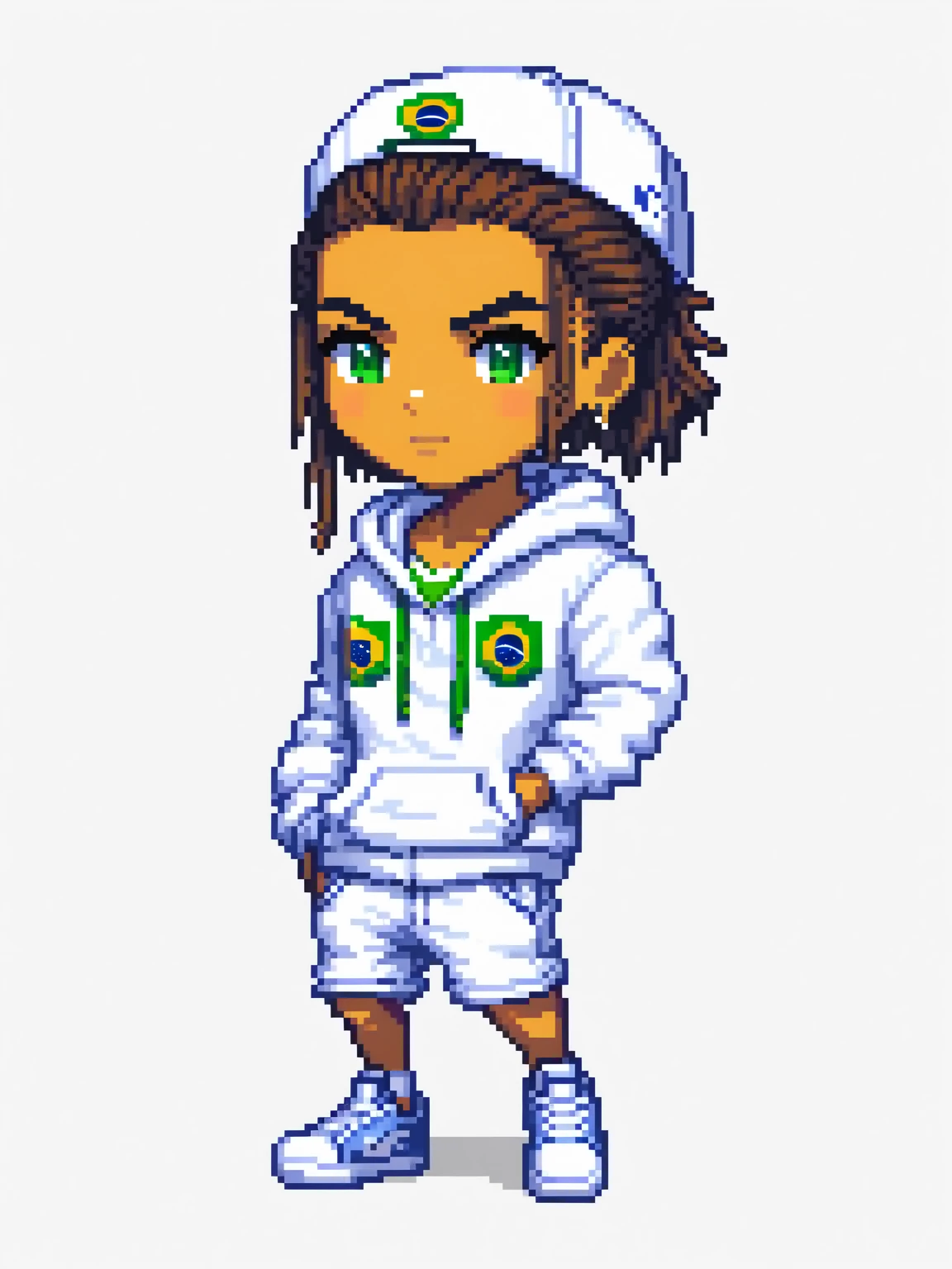 pixel art, hiphop brasil, character de jogo adulto, color white, roupa white, simple white background, game icon, 64 bit style