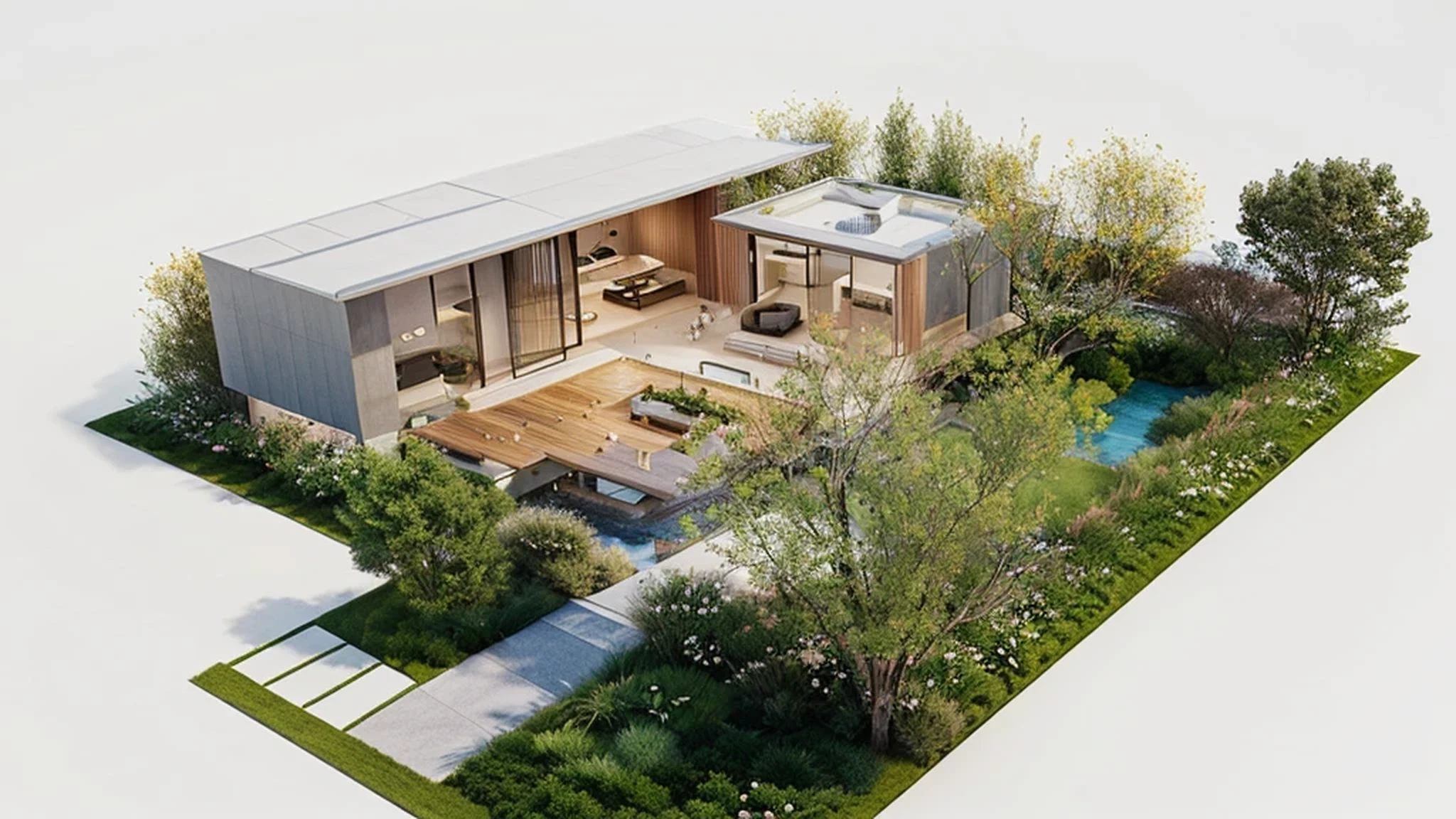 One-story house,Aluminum Plate,Glass,Floor-to-ceiling windows,Modern,garden,Chinese Garden,Full screen, Concept House, Rendering, Brightness Rendering, Zoom out, Brightness Renderinging, Spell Rendering, luxcore Rendering, The above points, hq very detailed, Wide Angle Exterior 2022, Highly photographic rendering, precise Architectural renderings, Fully detailed rendering, Architectural renderings