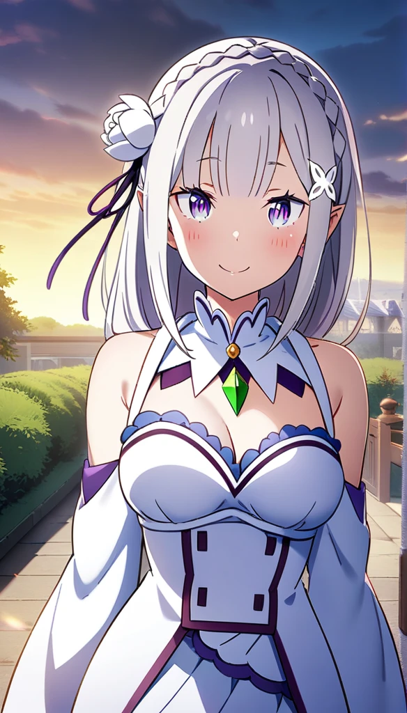 1girl, emilia \(re:zero\)), re:zero kara hajimeru isekai seikatsu, large breast, masterpiece, best quality, very aesthetic, absurdres, key visual, highly detailed, looking at viewer, zettairyouiki, smile, outdoors