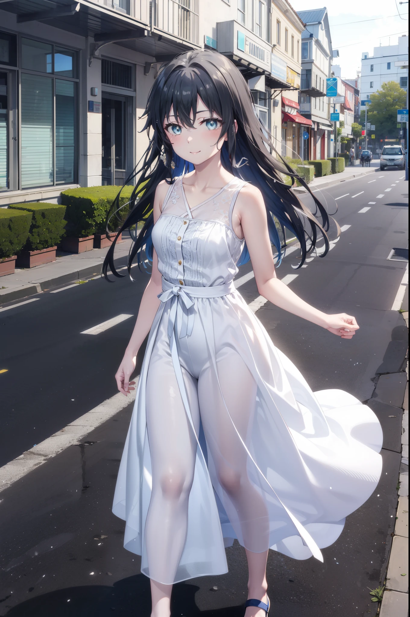 yukinoyukinoshita, Yukino yukinoshita, Black Hair, blue eyes, Long Hair,smile, Small breasts,happy smile, smile, Close your mouth,
, Sleeveless white dress,White long skirt,Cute Sandals,walking,Real Summer,Daytime,sunny,whole bodyがイラストの中に入っていくように,
break outdoors ,city,Building district,Coastal Road　　　　　　　　　　　　　　　break looking at viewer, whole body,
break (masterpiece:1.2), highest quality, High resolution, unity 8k wallpaper, (shape:0.8), (Beautiful and beautiful eyes:1.6), Highly detailed face, Perfect lighting, Extremely detailed CG, (Perfect hands, Perfect Anatomy),