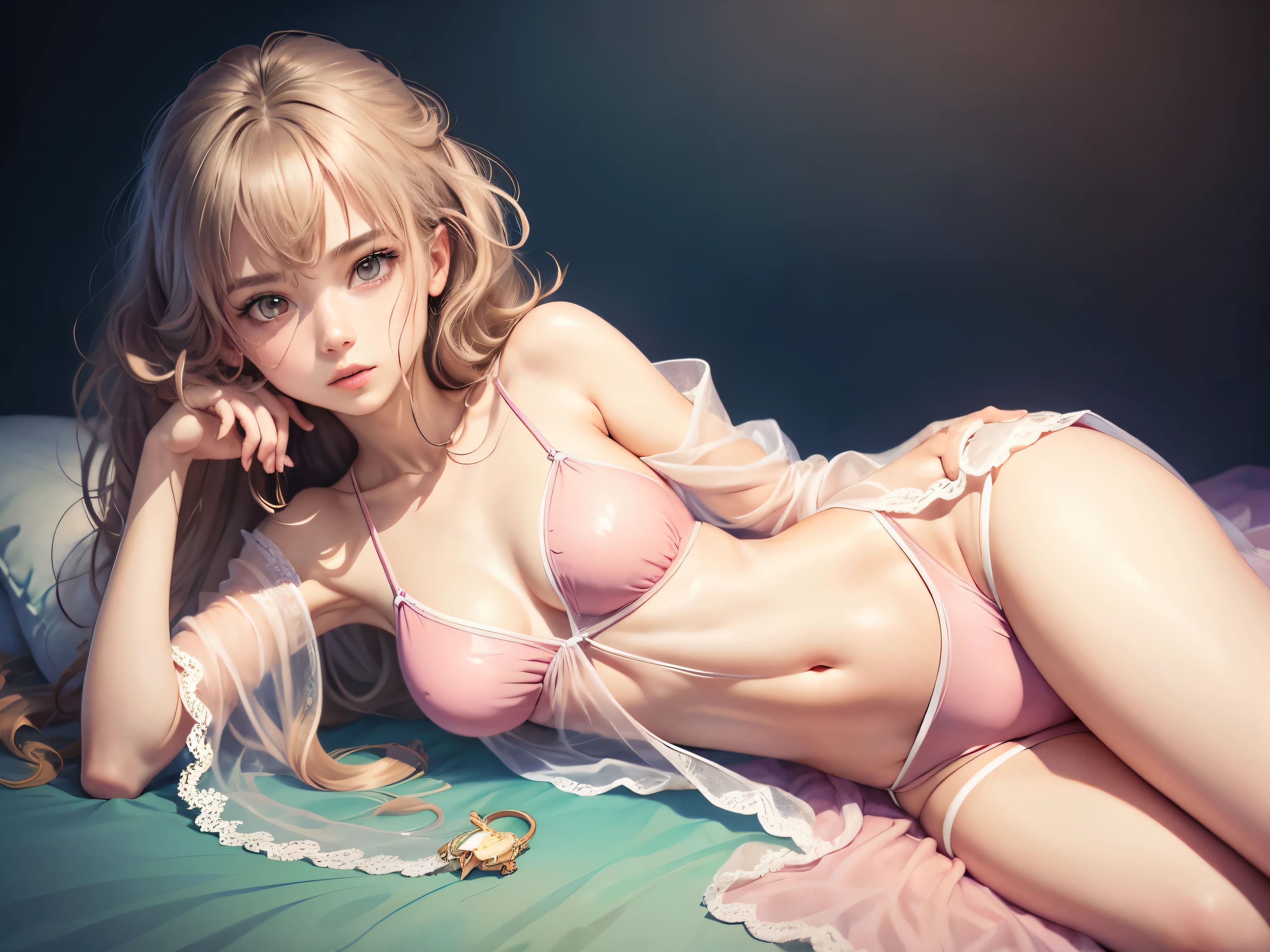 (Pieces fly),(highest quality:1.1),(Very detailed),Best illustrations,The finer details,(Portraits:1.1),(Watercolor)fluffy,1 female,alone,,Small breasts,Anorexic Thin Thighs,slim,(Very delicate and beautiful face),(Beautiful eyes in every detail),Pink thick lips,(Messy Hair),Soft and lazy,(Simple Background:1.2)Overall background color,Transparent parts,In 4K,Full Shot,Thin legs,See-through gown,Swimwear,The happi coat is open,Lying in bed,