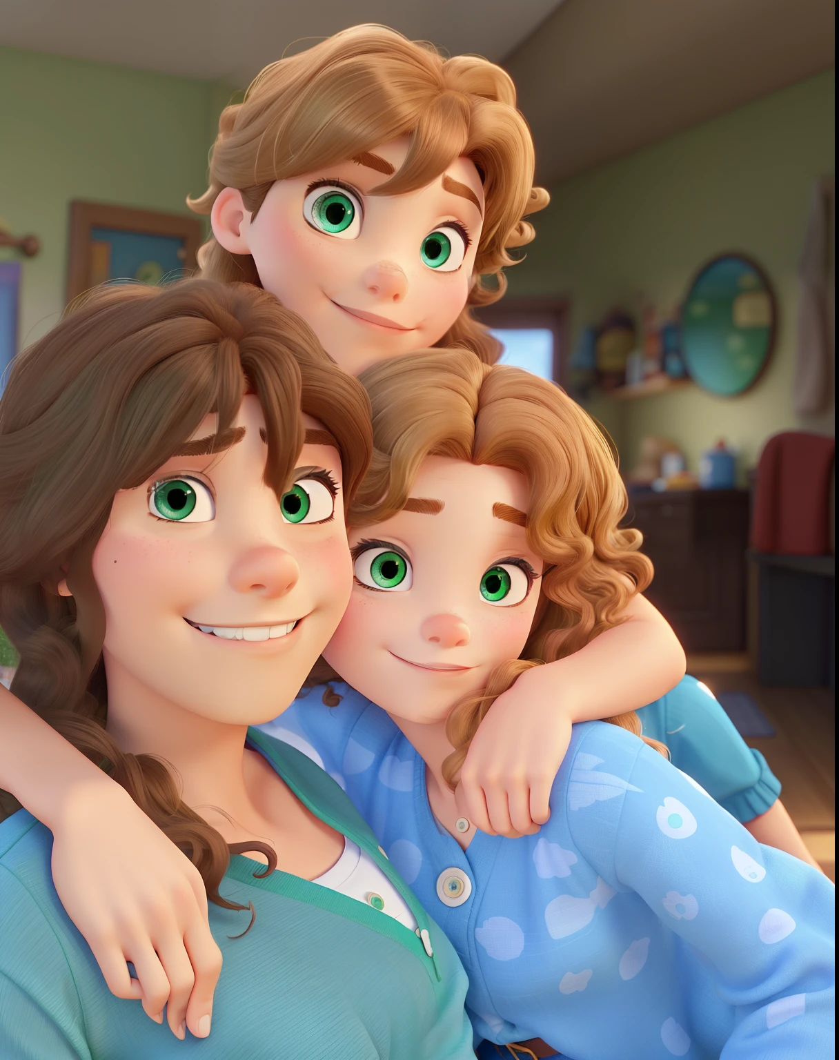 A Disney Pixar-style family 1 adult female brown hair and green eyes . 1 male  with brown eyes.  1 female  with blonde curly hair and blue eyes 