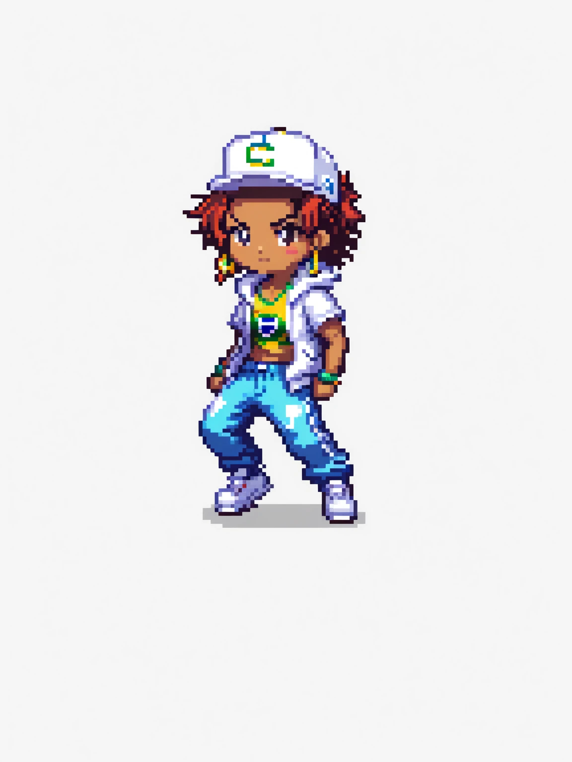 pixel art, hiphop brasil, character de jogo adulto, color white, roupa white, simple white background, game icon, 64 bit style