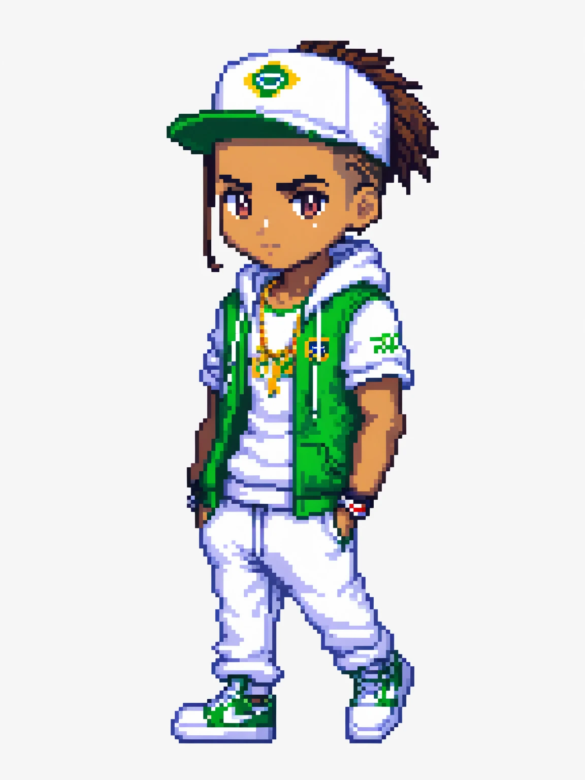 pixel art, hiphop brasil, character de jogo adulto, color white, roupa white, simple white background, game icon, 64 bit style