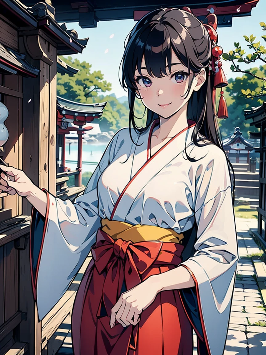 (Surreal), (picture), (High resolution), (In 8K), (High resolution), (Best illustrations), (Beautiful fine details), (Beautifully detailed face), (highest quality), (Very detailed), (masterpiece), (wallpaper), (Very detailed顔), (Long black hair), (1 girl), (alone), (Detailed eyes, Thin cheeks, Glowing Skin, Glossy Lips, Facial lighting), (Are standing:1.0), (Small breasts), (Thin thighs), (Narrow waist), (smile), (Shrine Maiden's Clothing), (Long sleeve), (cherry blossoms), (shrine),(Shrine Maiden Skirt)