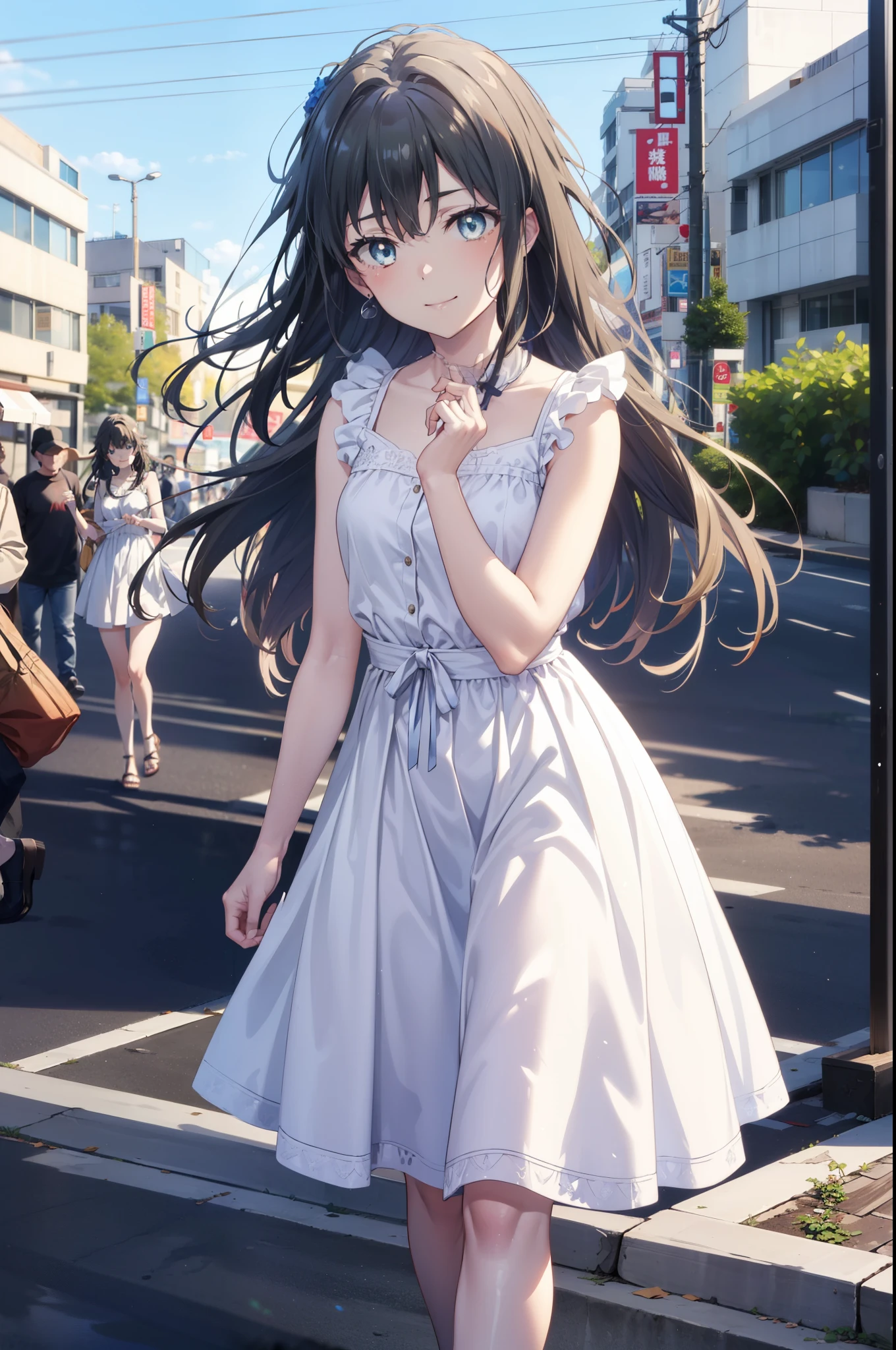 yukinoyukinoshita, Yukino yukinoshita, Black Hair, blue eyes, Long Hair,smile, Small breasts,happy smile, smile, Close your mouth,
, Sleeveless white dress,White long skirt,Cute Sandals,walking,Real Summer,Daytime,sunny,whole bodyがイラストの中に入っていくように,
break outdoors ,city,Building district,Coastal Road　　　　　　　　　　　　　　　break looking at viewer, whole body,
break (masterpiece:1.2), highest quality, High resolution, unity 8k wallpaper, (shape:0.8), (Beautiful and beautiful eyes:1.6), Highly detailed face, Perfect lighting, Extremely detailed CG, (Perfect hands, Perfect Anatomy),