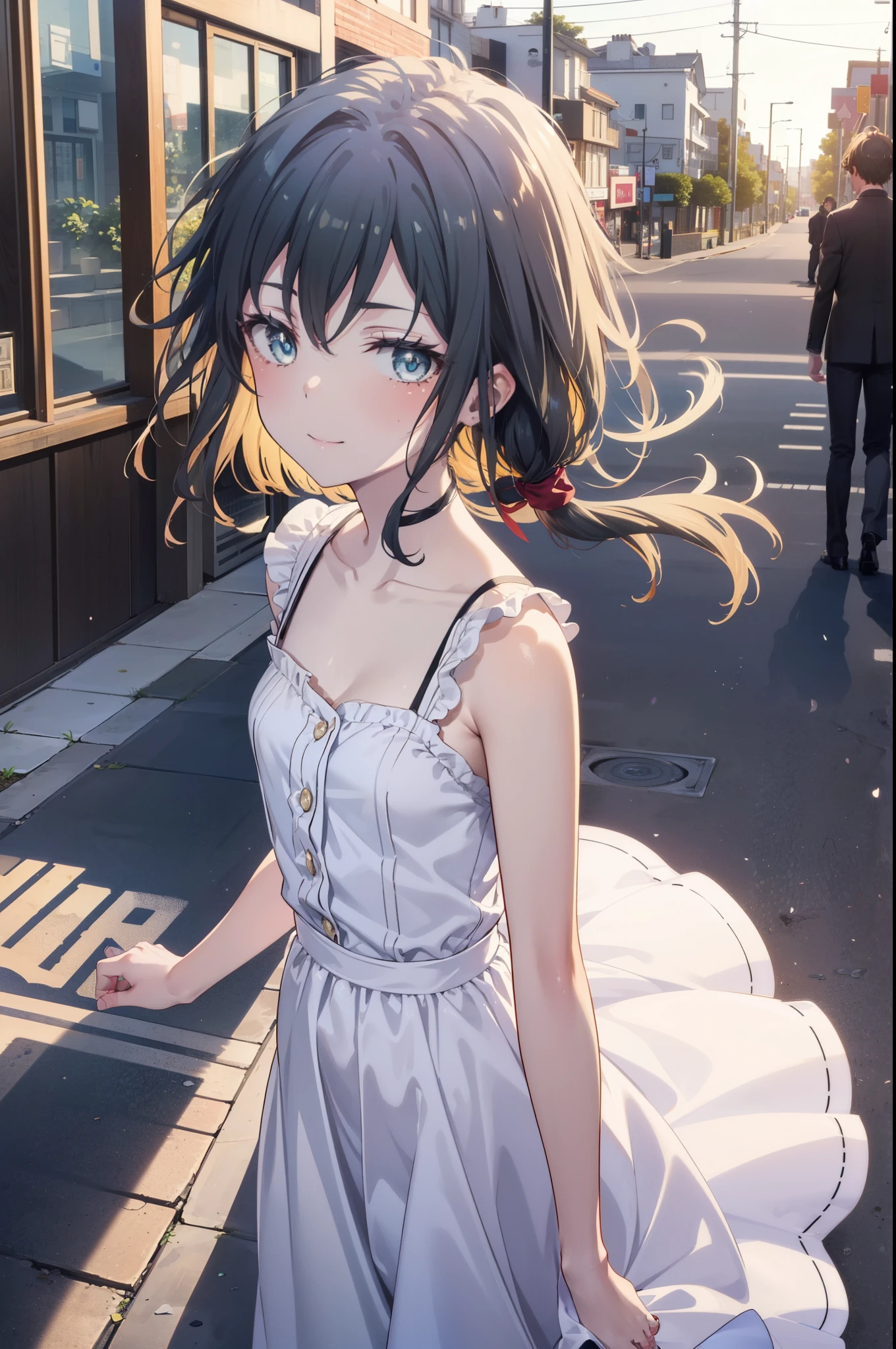 yukinoyukinoshita, Yukino yukinoshita, Black Hair, blue eyes, Long Hair,smile, Small breasts,happy smile, smile, Close your mouth,
, Sleeveless white dress,White long skirt,Cute Sandals,walking,Real Summer,Daytime,sunny,whole bodyがイラストの中に入っていくように,
break outdoors ,city,Building district,Coastal Road　　　　　　　　　　　　　　　break looking at viewer, whole body,
break (masterpiece:1.2), highest quality, High resolution, unity 8k wallpaper, (shape:0.8), (Beautiful and beautiful eyes:1.6), Highly detailed face, Perfect lighting, Extremely detailed CG, (Perfect hands, Perfect Anatomy),