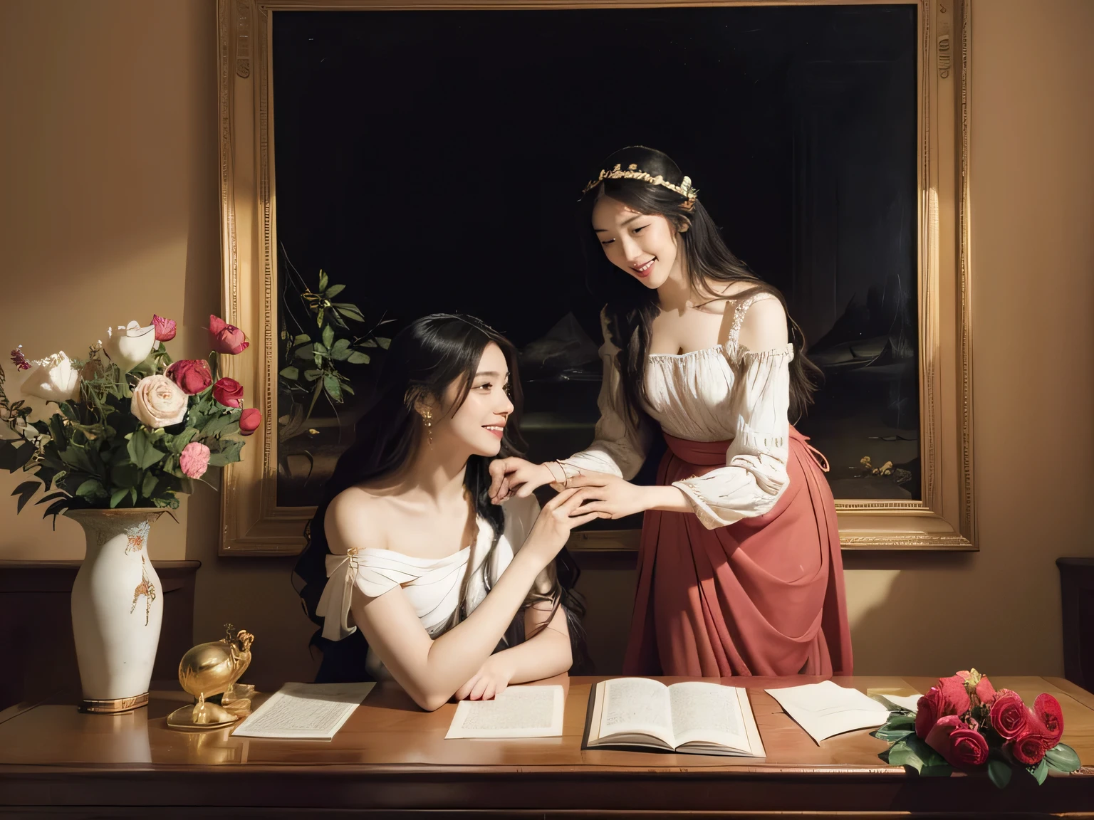 Giorgione painting style,Arguments of two female Philosophe,math、astronomical machine、astronaut、roses in vase、fruits、Cute trinkets、smile、ancient greek costume、Ancient Roman landscape in the style of Nicolas Poussin,laughter,,Sweet and seductive appearance.、Caravaggio's paintings、Chiaroscuro of Caravaggio、hair tousled by the wind,Two women frolicking,cute smile, expression of ecstasy,Sexy,erotic