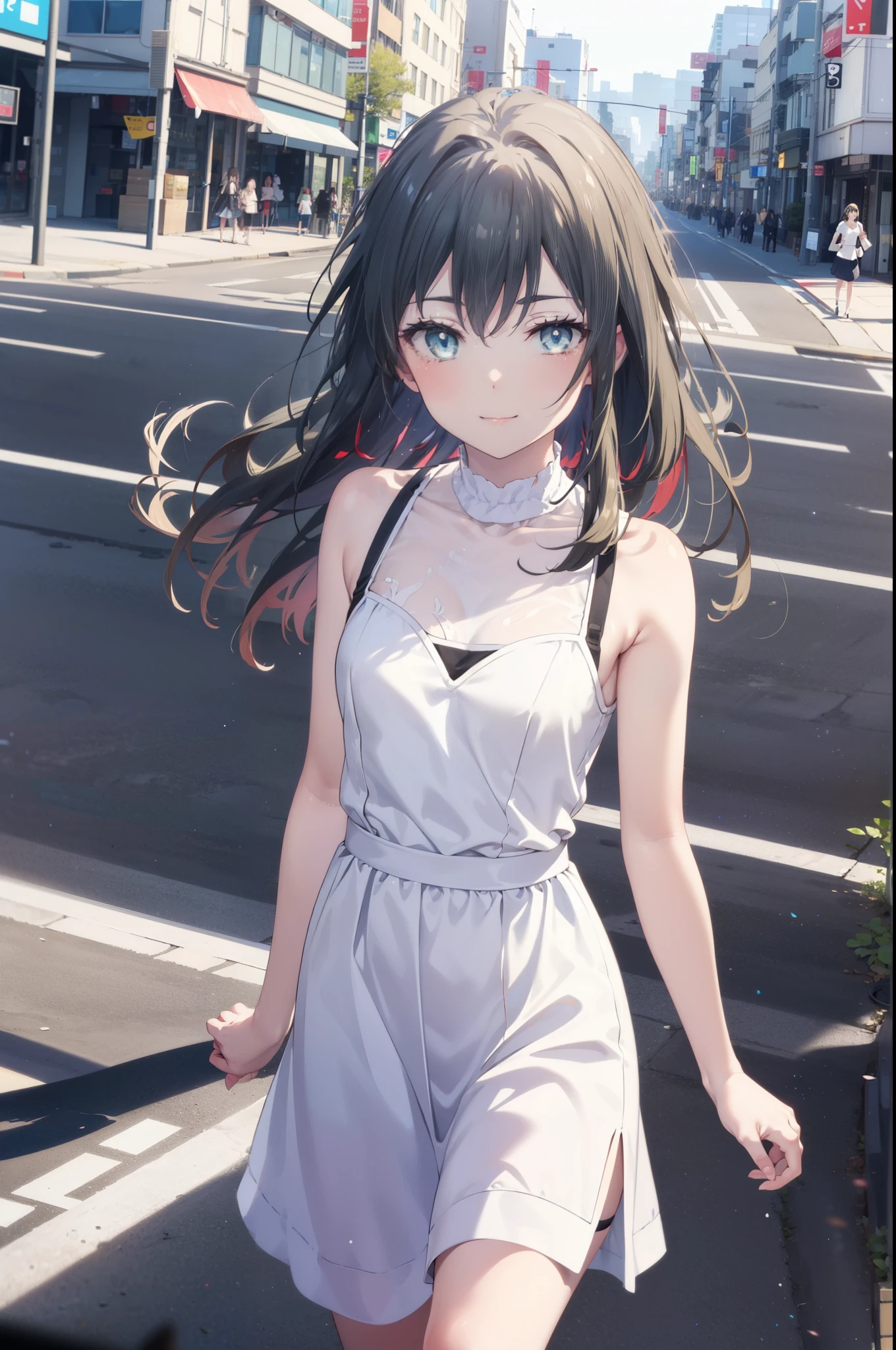 yukinoyukinoshita, Yukino yukinoshita, Black Hair, blue eyes, Long Hair,smile, Small breasts,happy smile, smile, Close your mouth,
, Sleeveless white dress,White long skirt,Cute Sandals,walking,Real Summer,Daytime,sunny,whole bodyがイラストの中に入っていくように,
break outdoors ,city,Building district,Coastal Road　　　　　　　　　　　　　　　break looking at viewer, whole body,
break (masterpiece:1.2), highest quality, High resolution, unity 8k wallpaper, (shape:0.8), (Beautiful and beautiful eyes:1.6), Highly detailed face, Perfect lighting, Extremely detailed CG, (Perfect hands, Perfect Anatomy),