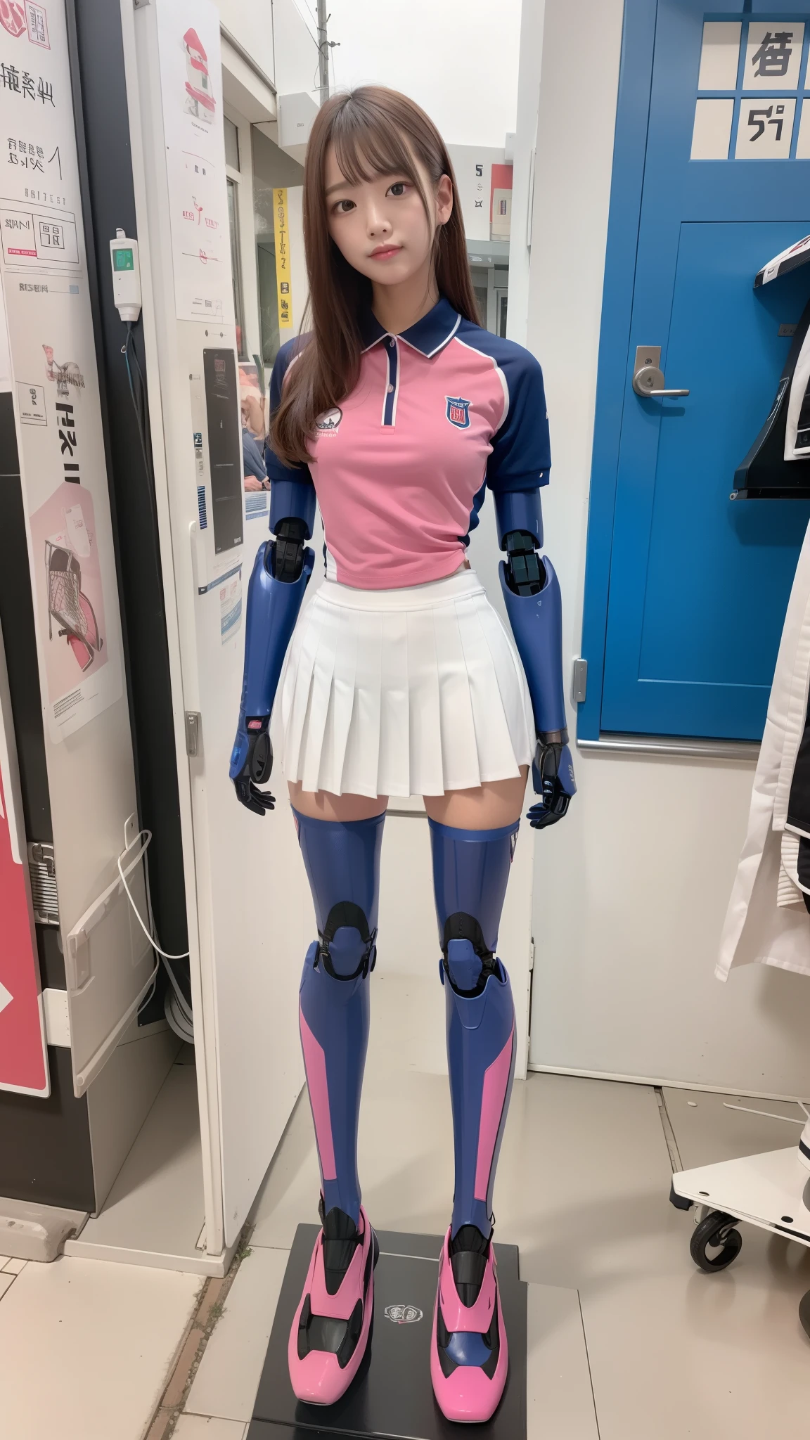 lacrosse uniform, pink polo shirt, white pleated skirt, robot