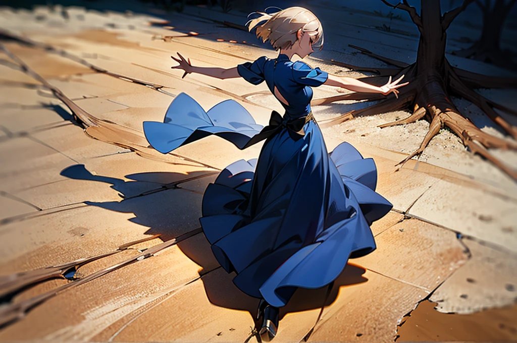 Drought, Cracked earth, Scorching Sun, dead tree, Withered well, Sandy soil, A woman dancing in a bright navy blue dress
