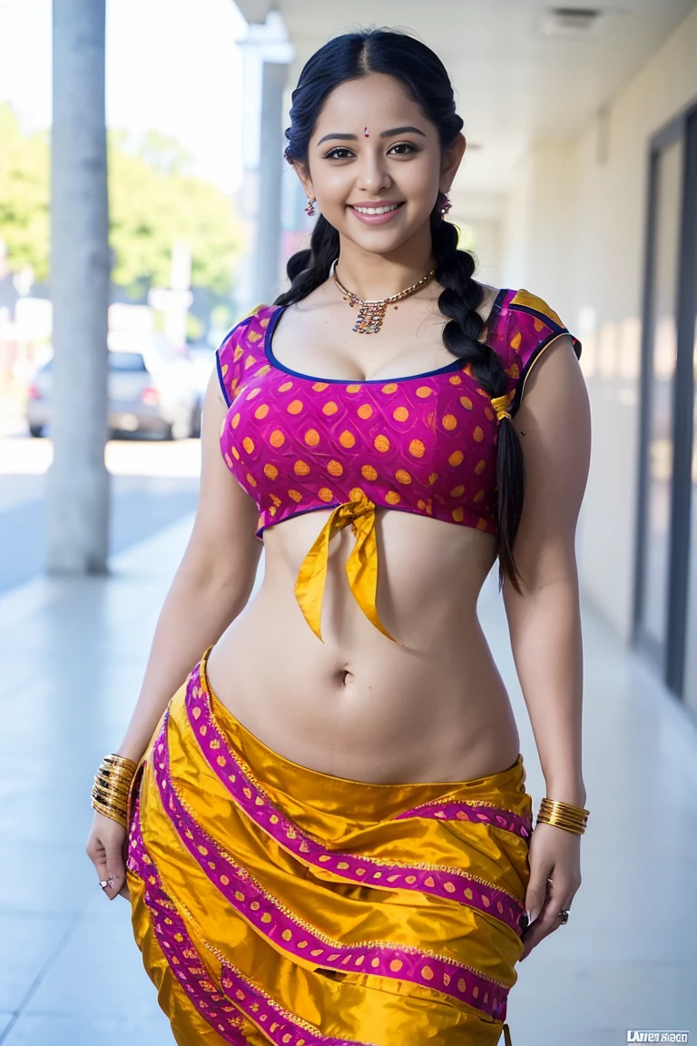 HD wallpaper 32k cinematic shoot of a Beautiful cute girl, with thick thighs and a curvy waist, twin braids,  wearing an Indian blouse top, horny, seductively, in a school corridor, dotted blouse top, smiling, ((long curvy waist)), ((lowwaist)), ((curvy waist))