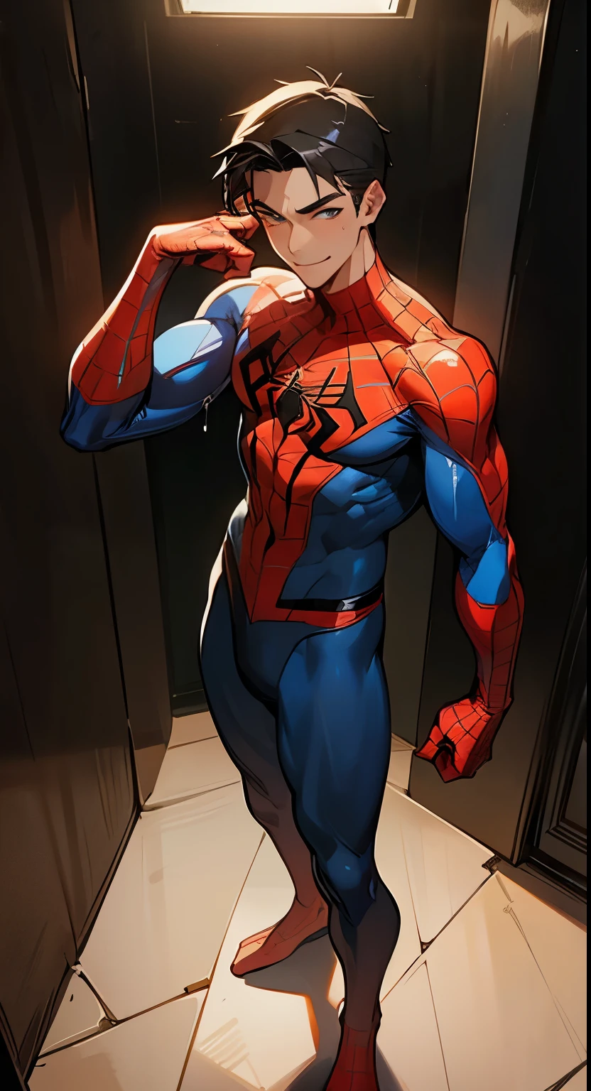 Sexy Spiderman, muscular, masculine wet body, handsome face, full body, without the mask, face handsome, cute smile, cute face, young man , boyish face