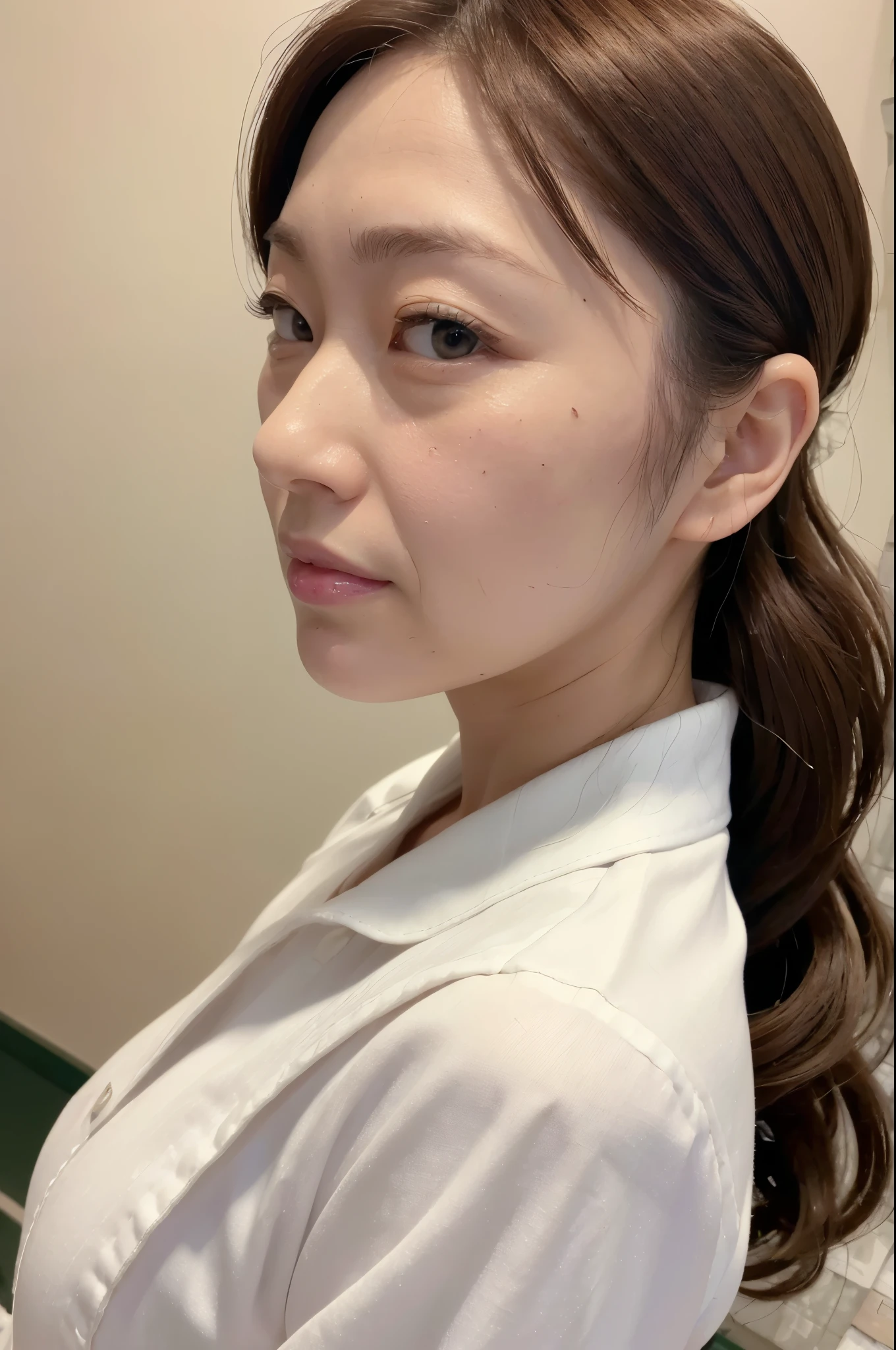 ((Top Quality)), ((8K)), ((Masterpiece: 1.3)), (Perfect Appearance), (Photorealism: 1.6), (portrait),
japanese woman, anatomicaly correct, 45 years old, ((Realistic skin texture 1.8)), (Dull skin:1.1), (Wrinkles on the corners of the eyes:1.2), Double eyelids, serious gaze, (Dimples: 1.2), short bangs, long hair, Waves on the ends of the hair, soft fabric white nurse uniform, (Plump and glamorous body), (low angle),