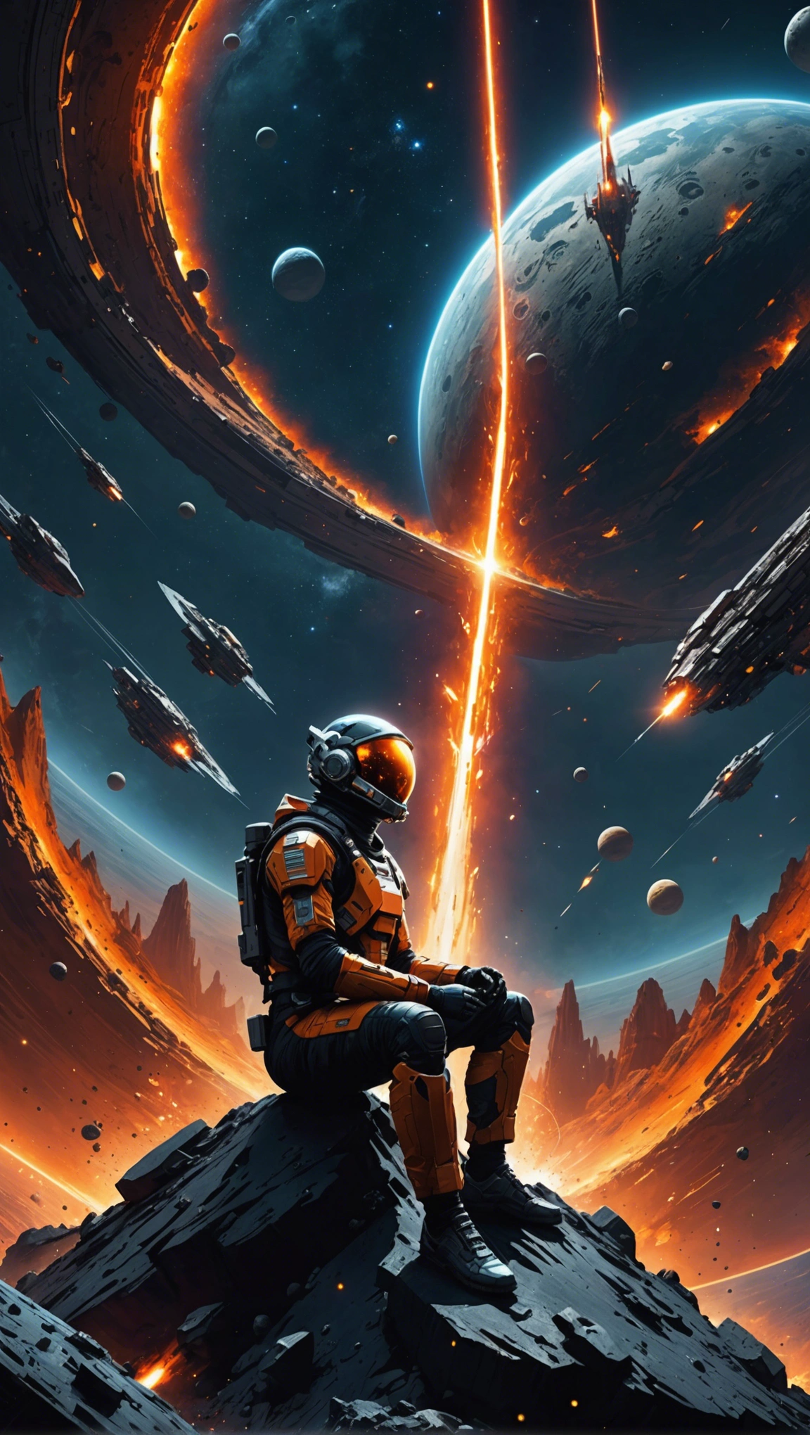 ((Best quality)), ((Masterpiece)), (dramatic scene), The Earth and the Sun collapse into black holes like the Sun, (Latter-day lighting:1.3), The sun darkens when ejected, (Epic composition:1.2), Earth bathed in red light, (CG animation:1.1), Flames and debris are inhaled, (Emergency atmosphere:1.2), People fleeing by boat, (movie atmosphere:1.3), Nebulae and galaxies in the background, (High contrast:1.1), (8K resolution:1.0),Five verses