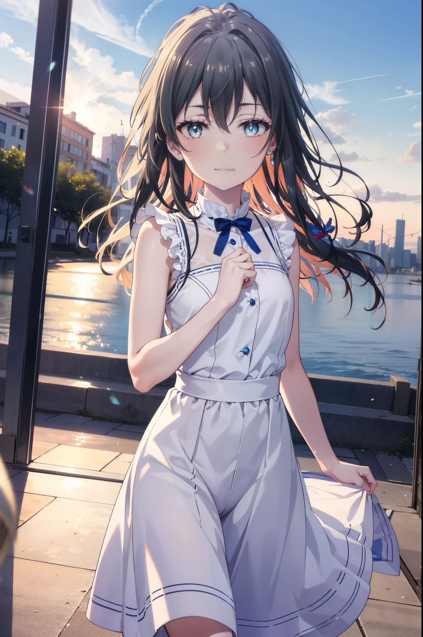 yukinoyukinoshita, Yukino yukinoshita, Black Hair, blue eyes, Long Hair,smile, Small breasts,happy smile, smile, Close your mouth,
, Sleeveless white dress,White long skirt,Cute Sandals,walking,Real Summer,Daytime,sunny,whole bodyがイラストの中に入っていくように,
break outdoors ,city,Building district,Coastal Road　　　　　　　　　　　　　　　break looking at viewer, whole body,
break (masterpiece:1.2), highest quality, High resolution, unity 8k wallpaper, (shape:0.8), (Beautiful and beautiful eyes:1.6), Highly detailed face, Perfect lighting, Extremely detailed CG, (Perfect hands, Perfect Anatomy),