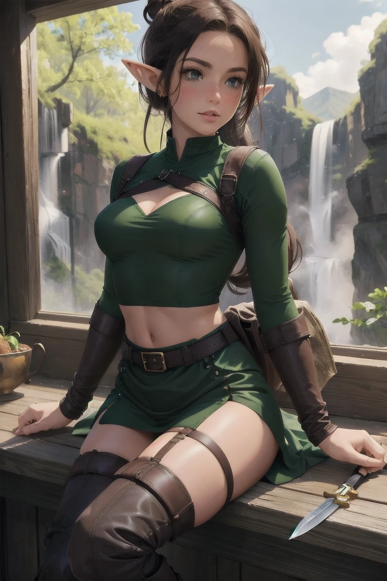 Masterpieces, best quality, perfect, wood, indoors, forest, elf, sfw,26 years old, mature woman, leather, small ears, blushing, freckles, facing viewer, brown hair, full body, archer, long torso, mouth open, glossy lips, large waist, thick thighs, Standing up in cabin , facing viewer, thigh high socks, hourglass shape, slim waist, thigh gap, cleavege, adult woman, cleavege window, large breasts, beautiful background, perfect landscape, the most peacefull place you've ever been, a welcoming woman, lush pastures, leg strap, leg holster, belt, hunger games, holding wooden bow, holding fancy elf bow, milf, thigh boots held up by leather waist strap, cleavege cutout, Beautiful waterfall visibal through window, holding throwing knifes, hair tied up in messy bun, sharp eyes, seriously look, knife close to face