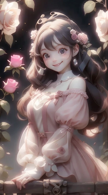 In front of the rose gate、Pink Dress、Large, clear eyes、high resolution、Ultra delicate、Looking this way and smiling、Beautiful face、Super Beauty,Kyasha