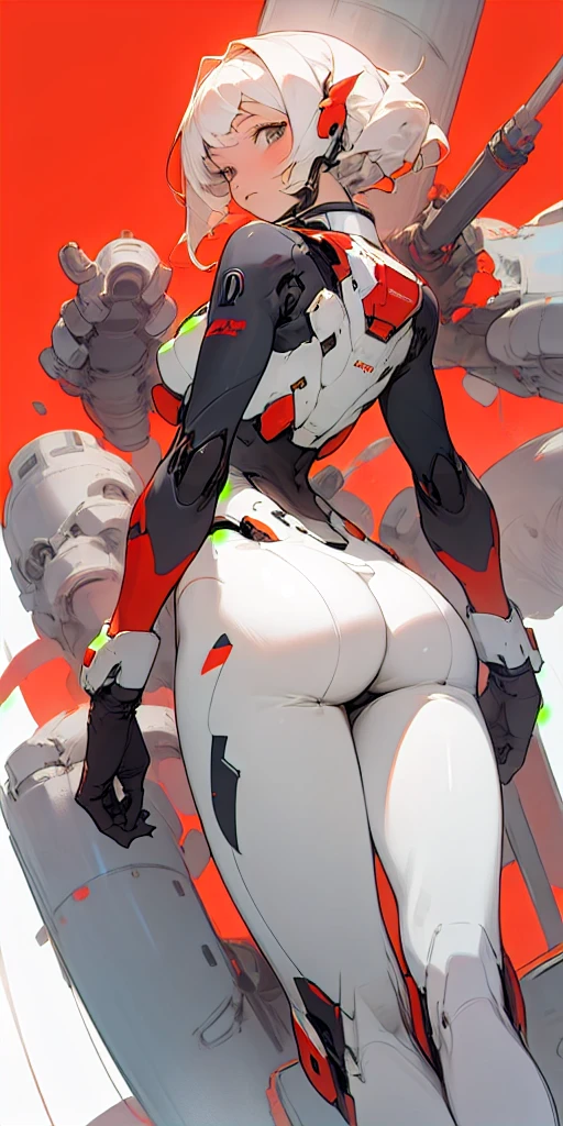 1girl,pureerosface_v1,black mecha suit, minimalism, bright red background, simple background, Fisheyes, masterpieces, top quality, best quality, official art, beautiful and aesthetic, animation, raise the butt,