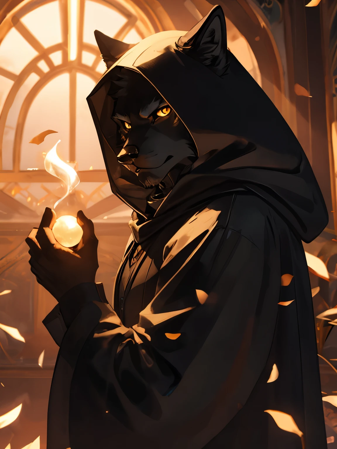 black wolf demon,bright yellow eyes,Wearing a black robe with gold patterns, ((There was a ball of light in his hand)), dark, Scary, His eyes were fierce and mysterious.,staring at the viewer, HDR, backlit, ((hood covering head)), head is partially covered by hood