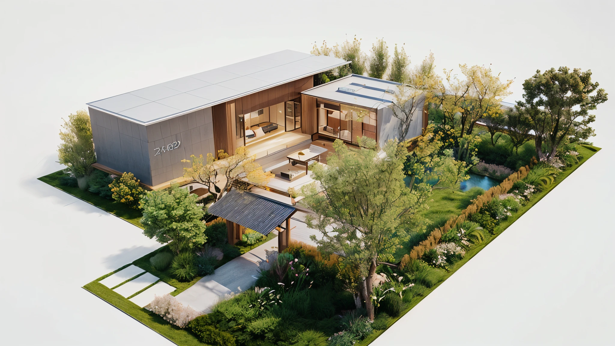 One-story house，Aluminum Plate，Glass，Floor-to-ceiling windows，Modern，garden，Chinese Garden，Full screen, Outdoor natural environment，Concept House, Rendering, 亮度Rendering, Zoom out, 亮度Renderinging, 咒语Rendering, luxcore Rendering, The above points, hq very detailed, Wide Angle Exterior 2022, 高度攝影Rendering, precise Architectural renderings, 完全详细Rendering, Architectural renderings