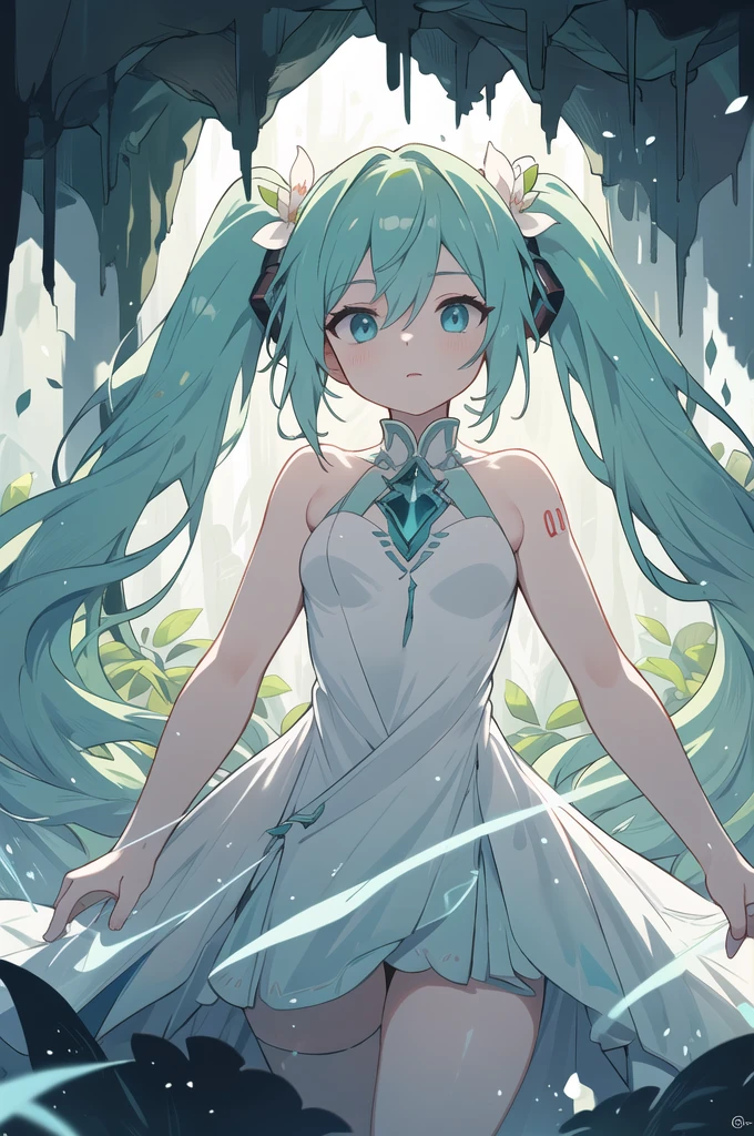 Within a dark cave with an opening at the top, zenithal lighting, bright plants gently illuminating the surroundings with a green hue, thick thighs, wide hips, mature female, (dramatic light:1.3),
woman, hatsune miku, solo, dress, flower, long hair, white dress, twintails, very long hair, hol