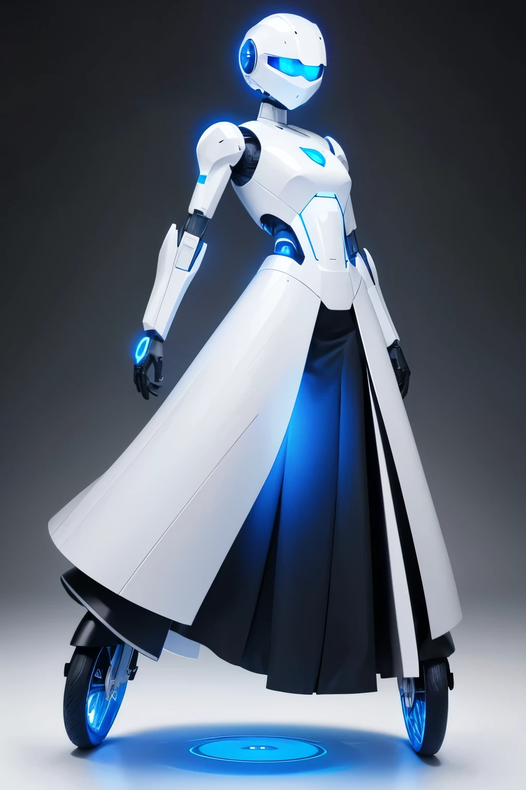 white robot, streamlined without corners, with a shape resembling a long skirt with a flared hem, one blue LED eye, and moves on one wheel