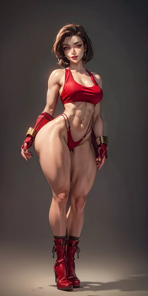 (plain background, 8k, best quality, masterpiece, realistic, photo-realistic:1.37) (full body height standing straight symmetrical contrapposto) (looking at viewer) 2legs apart (wide stance) ultra detailed, 1solo cute girl (beautiful detailed eyes) (smile:1.2) ((red cheeks, red eyes, red tank top, red thong, red gloves gauntlets, red stockings thighs))
