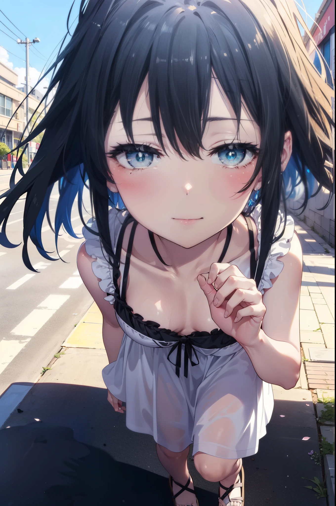 yukinoyukinoshita, Yukino yukinoshita, Black Hair, blue eyes, Long Hair,smile, Small breasts,happy smile, smile, Close your mouth,
, Sleeveless white dress,White long skirt,Cute Sandals,walking,Real Summer,Daytime,sunny,whole bodyがイラストの中に入っていくように,
break outdoors ,city,Building district,Coastal Road　　　　　　　　　　　　　　　break looking at viewer, whole body,
break (masterpiece:1.2), highest quality, High resolution, unity 8k wallpaper, (shape:0.8), (Beautiful and beautiful eyes:1.6), Highly detailed face, Perfect lighting, Extremely detailed CG, (Perfect hands, Perfect Anatomy),