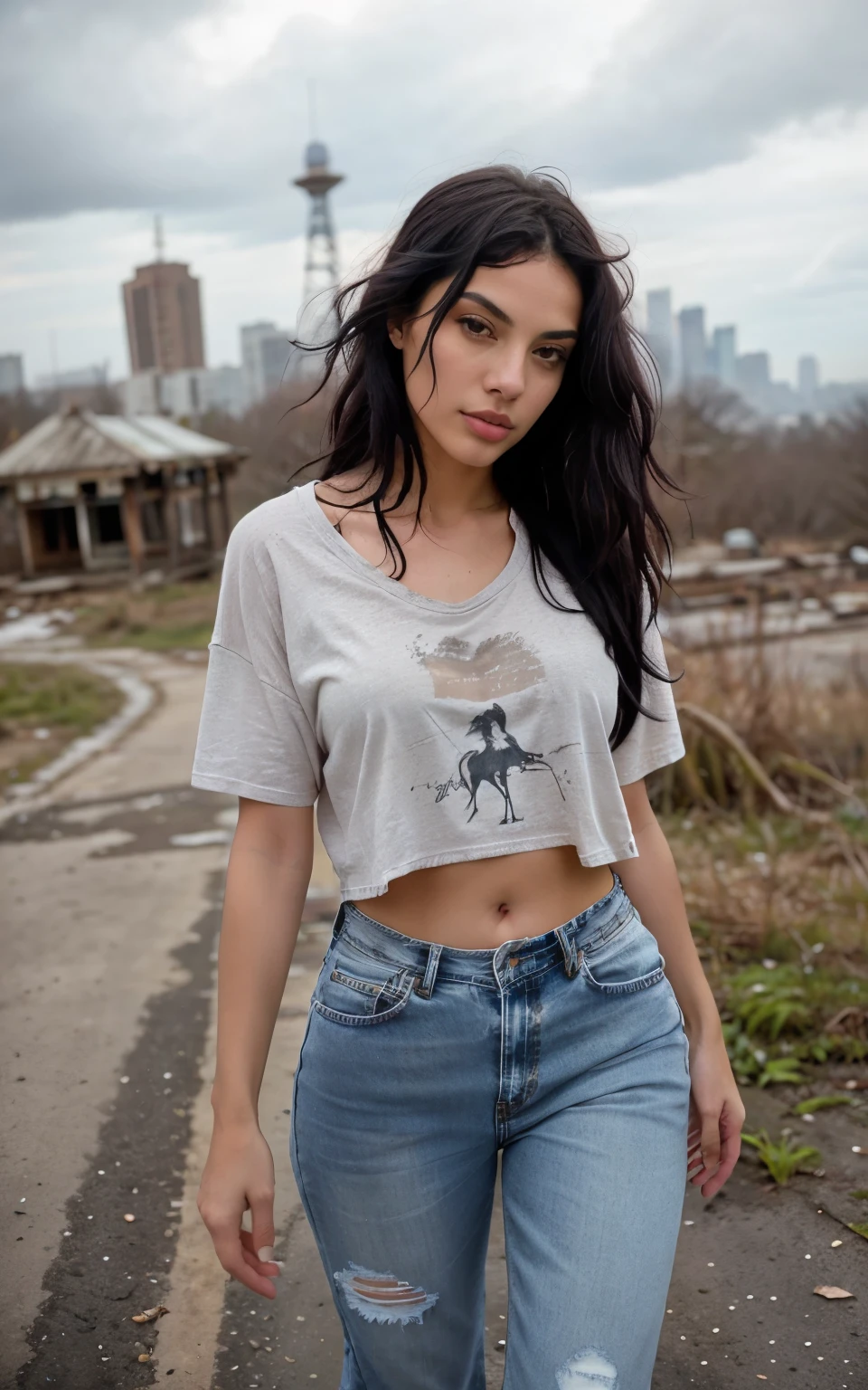 From above, as if it were the curious eye of a bird, you can see a 21-year-old girl walking briskly through an abandoned place, an old amusement park covered in moss and dotted with old rusty attractions. Her black hair, an enigmatic contrast to the gray surroundings, moves gently with every step she takes.
Dressed in a casual ensemble of a loose-fitting T-shirt and distressed jeans, her style exudes a sense of freedom and authenticity. In her left hand she holds a palette of bright colors, a touch of vitality amid the desolation that surrounds her. With a curious expression on her face and a determined gaze, she explores every corner of the abandoned park with a mix of intrigue and fascination.
The photograph, captured from above by a drone or helicopter, highlights the loneliness and mystery of the abandoned place, as well as the determination and strength of the young woman as she walks among the ruins. Her presence in this desolate setting is like a ray of hope, a reminder of the beauty that can be found even in the most unexpected places.
With a deep connection to her surroundings and unwavering bravery, she embodies the essence of youth and exploration. Her dark, mysterious black hair adds an aura of enigma to her presence, making her an intriguing and enigmatic figure in this abandoned landscape.
