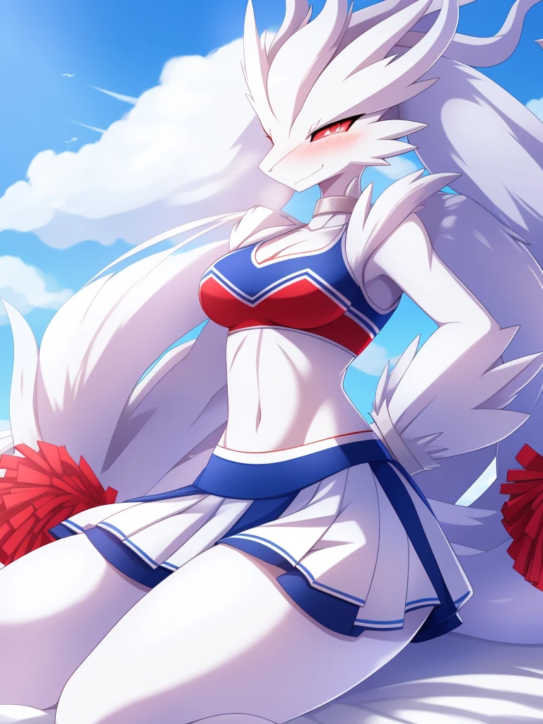 Reshiram,furry,Bust 87,Waist 57,Thigh 86,Good resolution,on the bed,Cheerleading uniform,Good light and shadow details,shade,sexy body,blushing