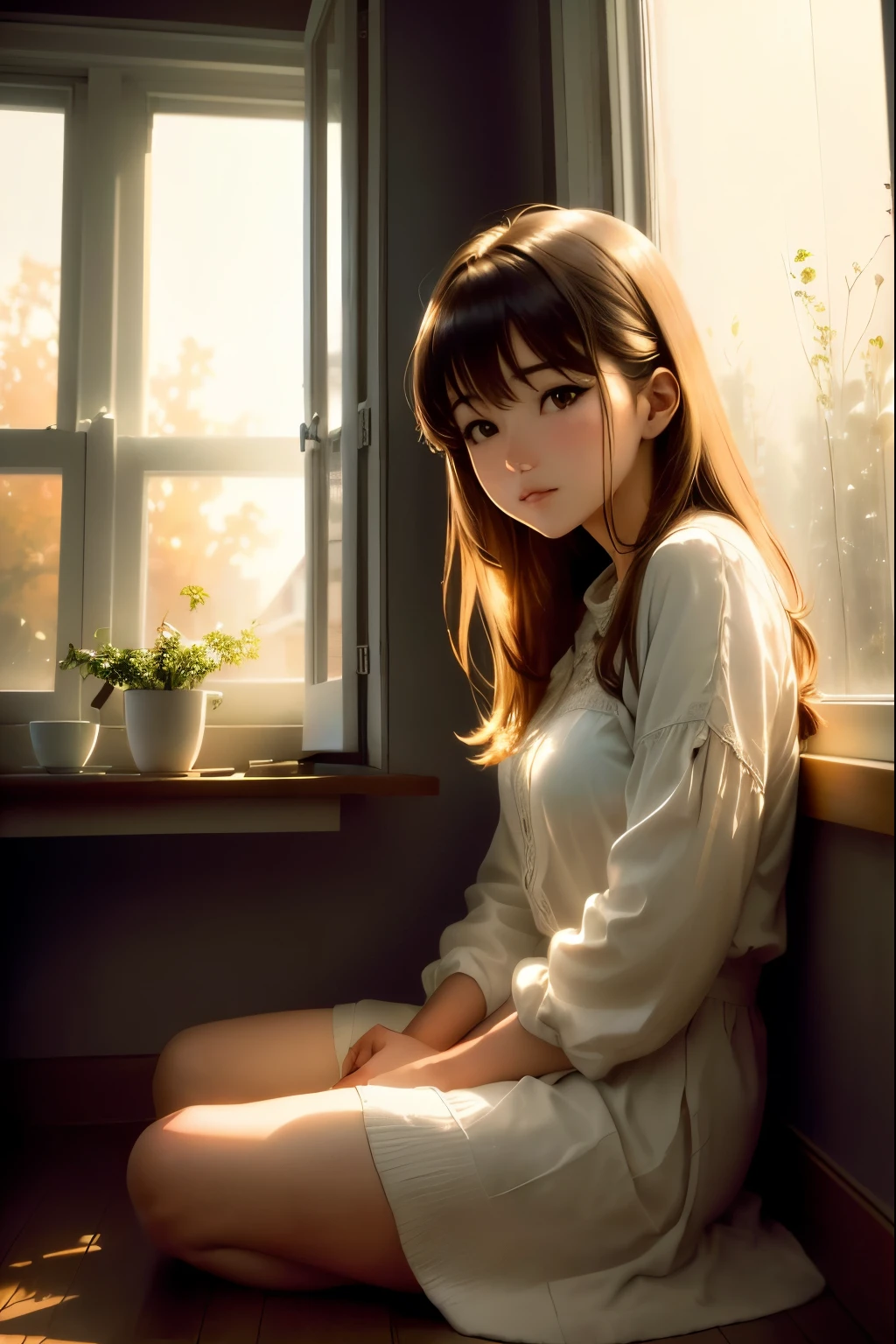 arafed woman sitting on the floor in front of a window, Soft light from the window, soft morning lighting, anime. Soft lighting, Afternoon lighting, beautiful girl, morning lighting, Near the window, Soft morning light, Afternoon sunshine, morning hard light, in the morning light, Near the window, Window Light, soft Window Light, Cinematic morning light