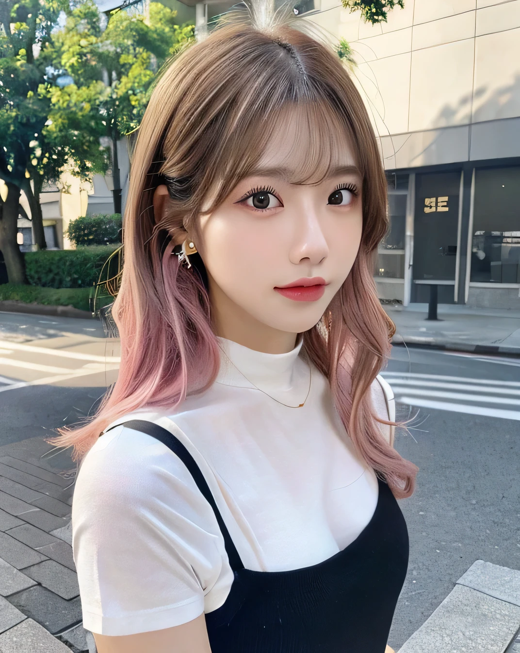 Woman standing upright facing the camera、Light clothing、Expose、Light white shirt、(Thigh High:1.2)、(highest quality,masterpiece:1.3,超A high resolution,),(Very detailed,Caustics),(Photorealistic:1.4,RAW shooting,)Ultra-Realistic Capture,Very detailed,High resolution 16K for human skin、 Natural skin texture、、Skin tone is even and healthy looking、 Use natural light and color,One Woman,Japanese,,cute,Pink Hair,Middle Hair,(Written boundary depth、chromatic aberration、、Wide range of lighting、Natural Shading)、(Daytime outdoor lighting:1.4)、(Hair swaying in the wind:1)、short hair、hair ornaments、Put it on your ear
