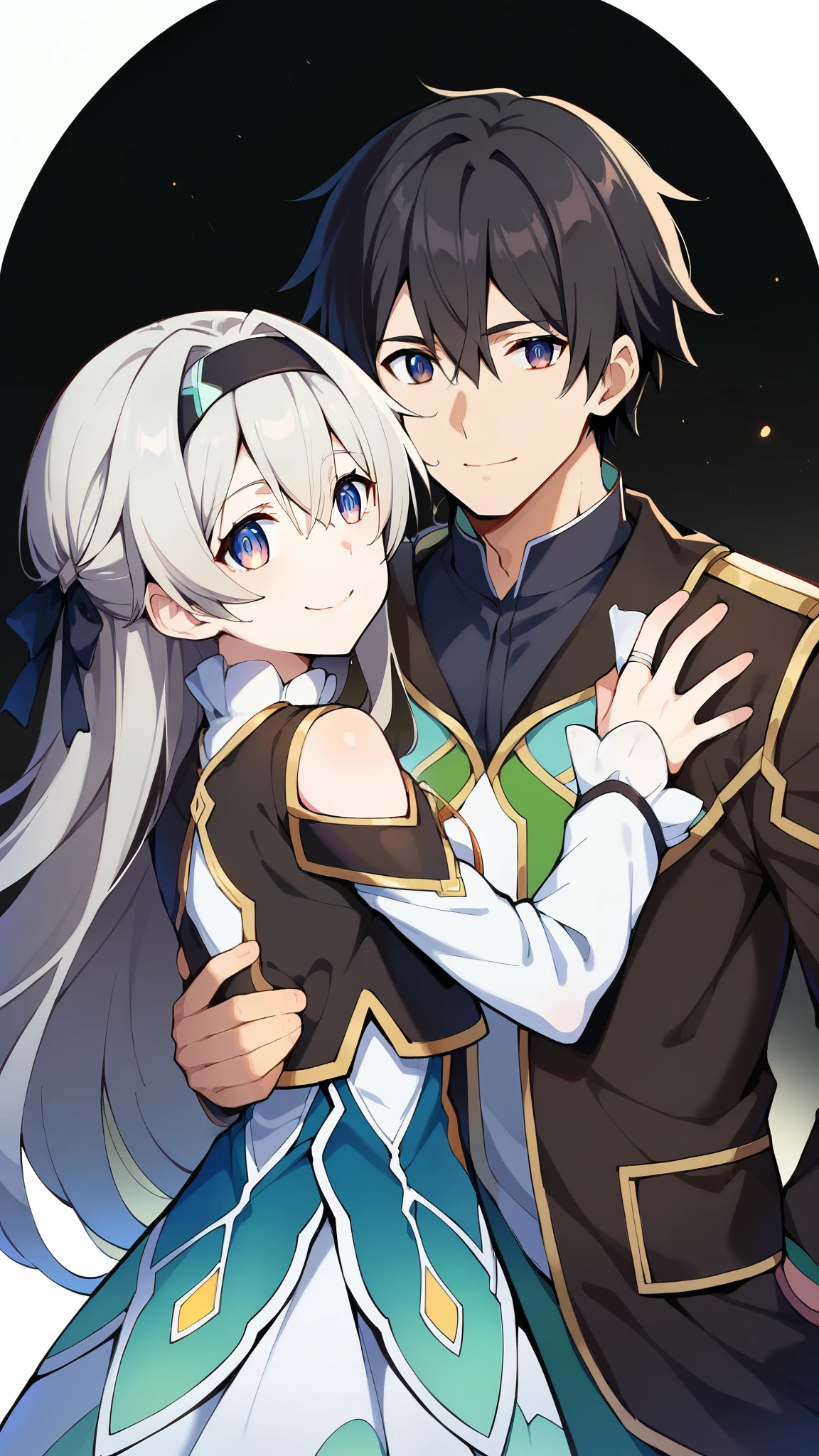 score_9, score_8_up, score_7_up, white background, simple background, (anime art of best quality),((realistic:1.3)), (detailed skin:1.3),
BREAK
source_anime,
BREAK
(1girl, focus), fireflydef, jacket, dress, grey hair,
1boy, Kirito haor, black hair, hug, looking at viewer, smile, boy&girl, quality sword art online