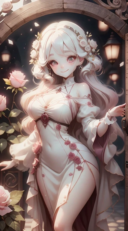 In front of the rose gate、Pink Dress、Large, clear eyes、high resolution、Ultra delicate、Looking this way and smiling、Beautiful face、Super Beauty、Slender body、White skin、Luxury dress、