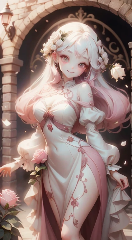 In front of the rose gate、Pink Dress、Large, clear eyes、high resolution、Ultra delicate、Looking this way and smiling、Beautiful face、Super Beauty、Slender body、White skin、Luxury dress、